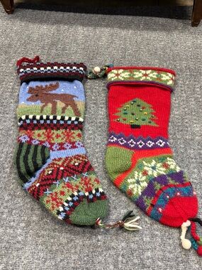 Festive Red & Green Hand Knit Holiday Stockings Wool Made in Nepal